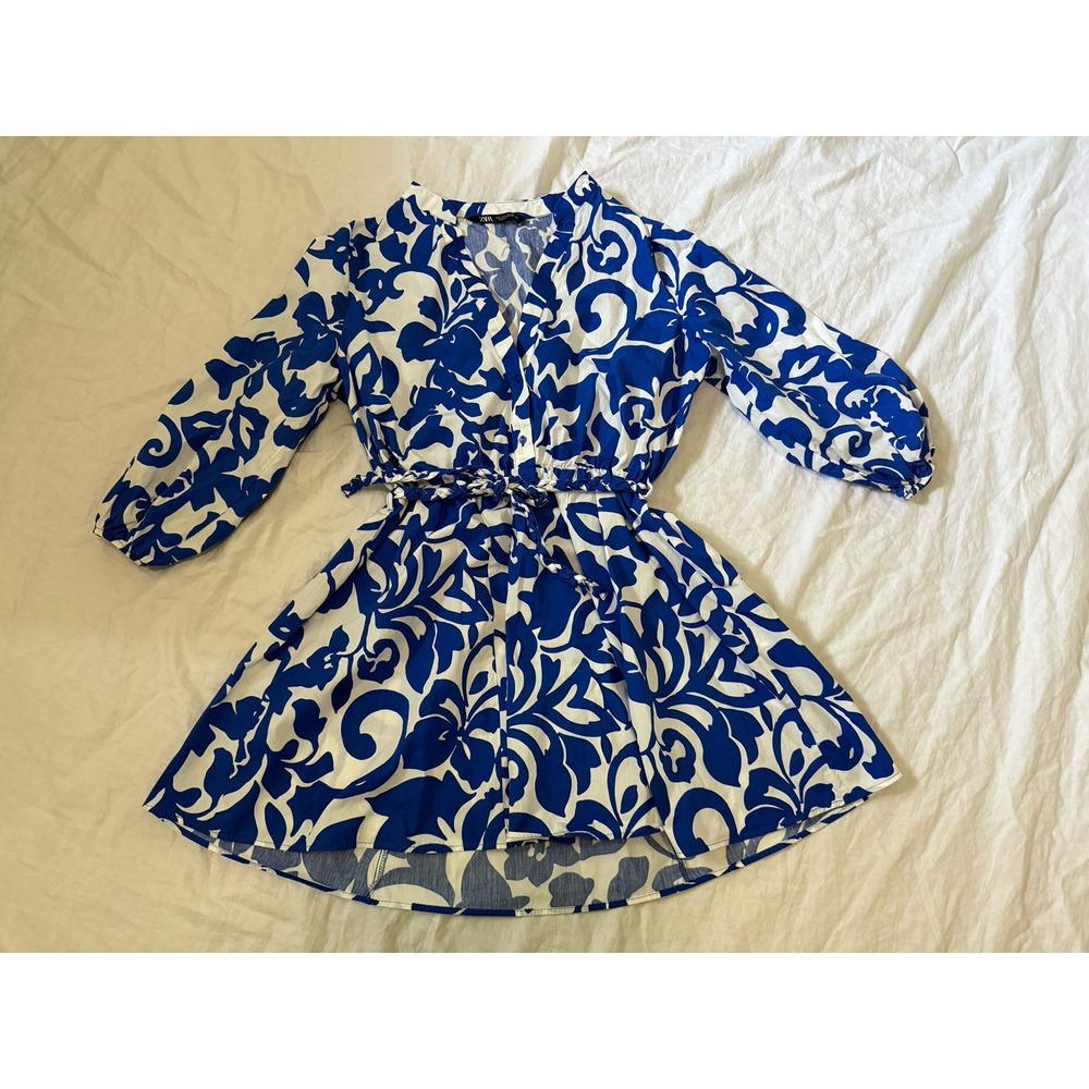ZARA Blue White Floral Braid Belted Button Collared Mini Shirt Dress Women's L